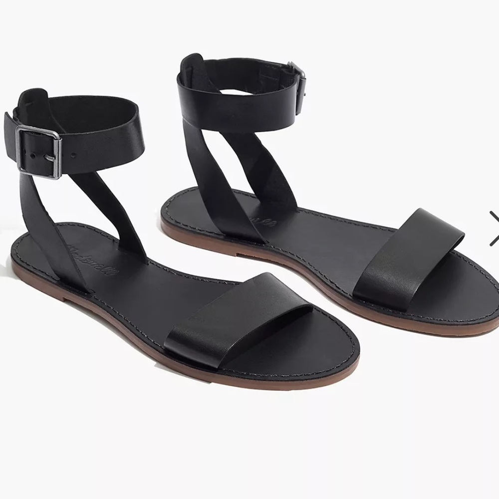 Madewell Boardwalk Ankle-Strap Sandal Black Leather Flat Sz 7.5